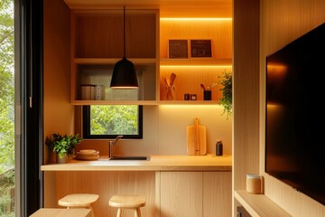 Wall Mural - Modern tiny kitchen interior. Wood finishes & green background through window. For design