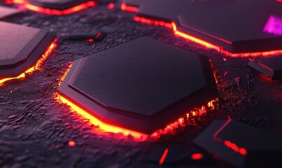 Glowing hexagonal tech surface, abstract background, futuristic design, website banner