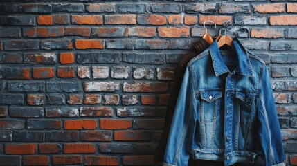 Aufkleber - Denim jacket hanging on rustic brick wall with blank space for text and creative design opportunities. Generative AI