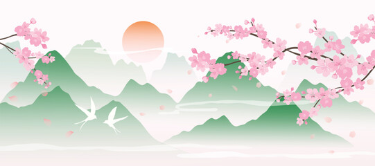 Wall Mural - spring japanese cherry blossom flower background vector. wallpaper design of elegant sakura floral, 