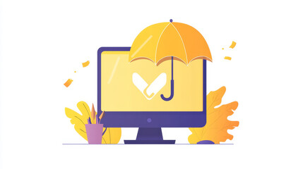 Wall Mural - Data protection concept, online security guarantee isometric vector. Computer monitor, golden shield guards personal information on its screen, purple background with digital data stream, landing page