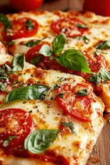 Wall Mural - Fresh pizza with tomato and basil ready to serve at a restaurant. Stock photo