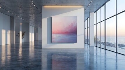 Aufkleber - Empty Art Gallery Interior With Tranquil Sunset Landscape Reflection