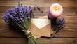 © Zuyu - Lavender bouquet, candle, and letter create serene atmosphere, evoking feelings of magic and tranquility. Perfect for calming setting or thoughtful gift