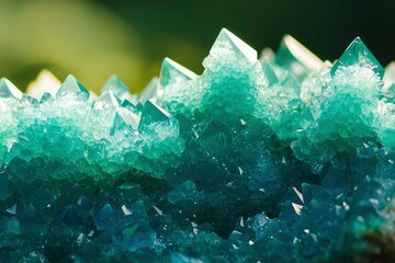 Wall Mural - Close up of turquoise crystals reflecting light against a blurry green backdrop