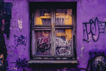 Poster - Decayed window on purple wall covered in graffiti art