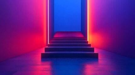 Aufkleber - Futuristic architectural staircase with vibrant neon lights in shades of red blue and purple creating a surreal minimalist and geometric interior design scene