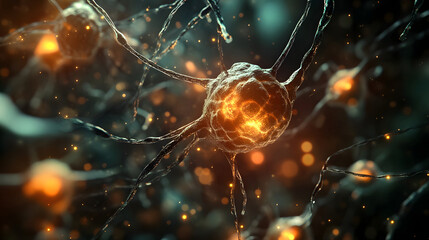 Aufkleber - Glowing neuron cells in a dynamic biological network structure with electrical synaptic connections and nerve impulse firing