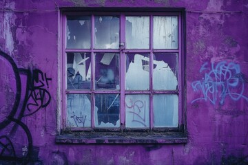 Poster - Dilapidated window with broken glass on a graffiti wall