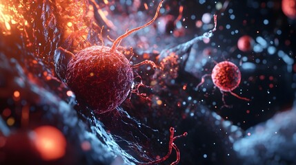 Poster - Glowing red microorganism cells captured under a high powered microscope in a scientific laboratory setting  The image showcases the intricate structures and patterns of these microscopic organisms