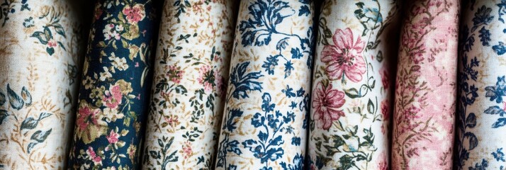 Poster - Beautiful close up of patterned fabrics featuring floral and geometric designs with space for text. Generative AI