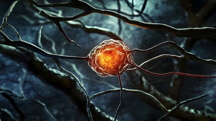 Poster - Glowing red neuron cell firing electrical signals in an abstract digital neural network  Conceptual image representing brain function neurological processes