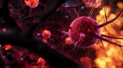 Aufkleber - Glowing red neuron cell microscopic structure in abstract biological technology background  Detailed microscopic view of neural network synaptic connections