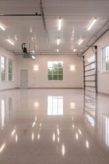 Wall Mural - Empty garage space for car storage, with an open door, and storage in background