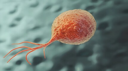 Poster - Highly detailed and magnified microscopic view of a reddish orange colored microorganism likely a virus or bacteria displayed against a dark shadowy background