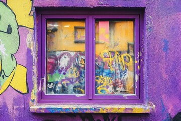 Wall Mural - Purple window with graffiti and vibrant colorful mural outside