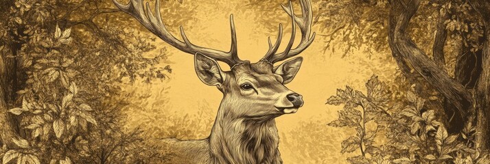 Aufkleber - Intricate engraved deer portrait in sepia tones with detailed line work and space for custom text. Generative AI