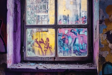 Poster - Grungy window displays graffiti covered walls in an abandoned building