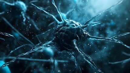 Poster - Intricate Abstract Digital Microscopic Neuron and Neural Network Structure in Blue and Black  Futuristic Microscopic Organic Molecular and Cellular Anatomy Concept and Background