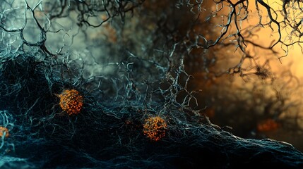 Poster - Intricate and delicate cobweb captured in an autumn forest setting with dramatic moody lighting and high contrast details  The tangled web like pattern creates a mysterious