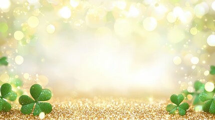 Wall Mural - A sparkling background features green clovers and golden glitter, creating a festive, cheerful atmosphere ideal for celebrations or St. Patrick's Day.