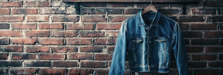 Aufkleber - Denim jacket displayed on rustic brick wall, perfect backdrop for fashion text and creative design ideas. Generative AI