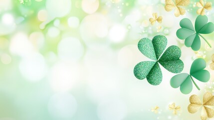 Wall Mural - A vibrant green and gold background featuring shamrocks and soft bokeh, evoking a cheerful, festive atmosphere.