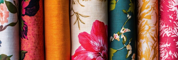 Leinwandbilder - Close up display of vibrant patterned fabrics with floral and geometric designs featuring blank space for text. Generative AI