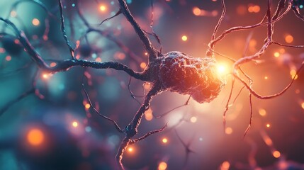 Fototapete - Intricate glowing neural network of microscopic synaptic connections firing electrical impulses in a vibrant colorful and detailed biological texture