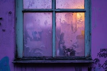 Wall Mural - Distressed window with grime on purple wall emits warm glow