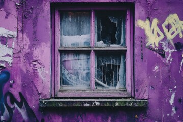 Wall Mural - Broken window with purple frame on textured and graffitied wall