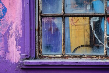 Wall Mural - An old weathered window on a purple painted graffiti wall