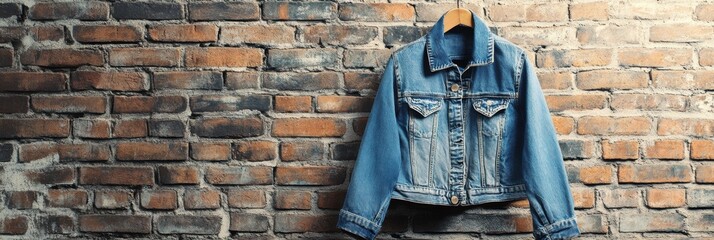Aufkleber - Denim jacket hanging on a rustic brick wall with blank area for text display and creative design opportunities. Generative AI