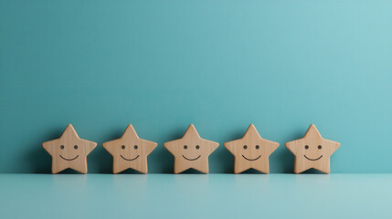 Aufkleber - Wooden star shapes with smiling faces on turquoise background, representing customer satisfaction and engagement