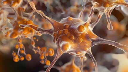 Fototapete - Intricate neural network of branching neurons and synaptic connections captured in a close up microscopic view