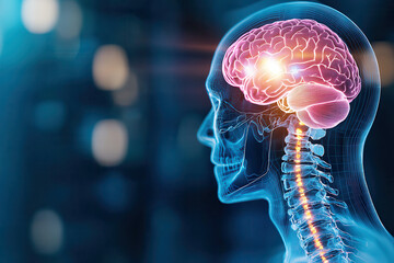 Leinwandbilder - futuristic 3D illustration of transparent human head showcasing glowing pink brain, highlighting neural connections and spinal cord