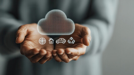 Poster - Hands holding digital cloud with icons representing home, car, and recycling, symbolizing technology and sustainability. modern concept of digital connectivity