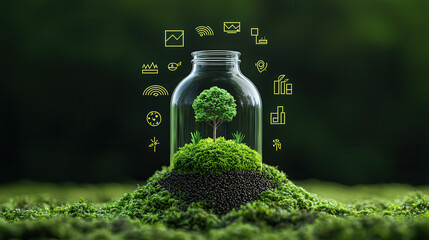 Aufkleber - glass jar containing small tree and moss symbolizes sustainability and ecology. surrounding green landscape enhances theme of environmental protection and growth