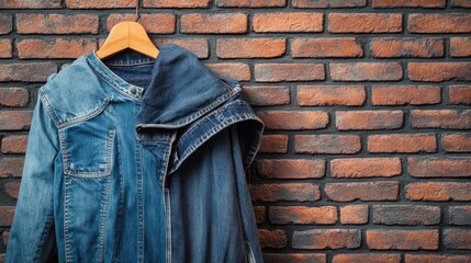 Poster - Denim jackets hanging on a rustic brick wall create a casual and stylish backdrop for creative expression. Generative AI