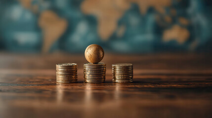 Fototapete - Growing global economy represented by coins and globe on wooden surface, symbolizing inflation and cost of living trends
