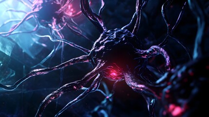 Fototapete - Intricate neural network of synapses firing electrochemical impulses in the futuristic cerebral cortex representing the complex signaling and processing in the human brain