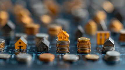 Poster - Investing in real estate with miniature houses on coins symbolizes financial growth and market trends. This conceptual representation highlights relationship between property and finance