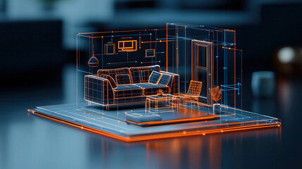 Poster - holographic interior design showcasing modern living room with virtual furniture, including sofa, coffee table, and decorative plant, creating futuristic ambiance