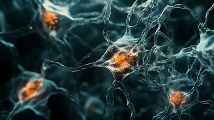 Fototapete - Intricate Neuronal Network   Glowing Synaptic Connections in the Cerebral Cortex  Detailed microscopic view of the complex electrochemical communication system within the human brain