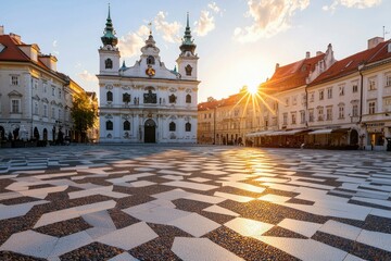 Wall Mural - Sunrise over baroque church in city center, with cafe and patterned pavement square