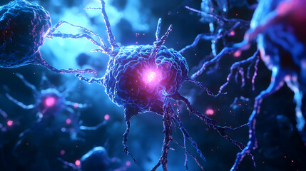 Poster - Luminous and vibrant digital depicting the intricate synaptic network of interconnected neural cells