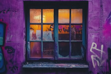 Wall Mural - Window with graffitied wall reveals an interior light source