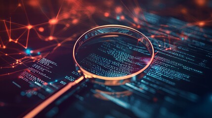 Data Analysis And Investigation. Magnifying Glass Over Data Streams & Interconnected Nodes. Cybersecurity, Code Review Concept.