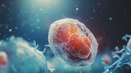 Poster - Magnified view of a single cellular organism possibly a virus or bacteria under a microscope in a scientific laboratory setting
