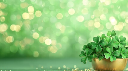 Wall Mural - A vibrant display of green clovers in a golden pot, set against a softly blurred green backdrop, evoking a sense of luck and freshness.